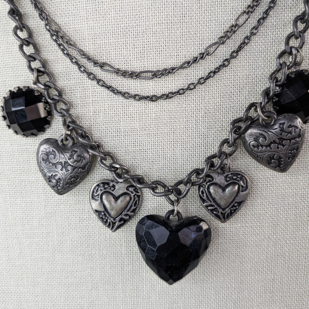 Vintage Style Gunmetal Multi Strand Heart Charm Necklace Black Faceted Heart